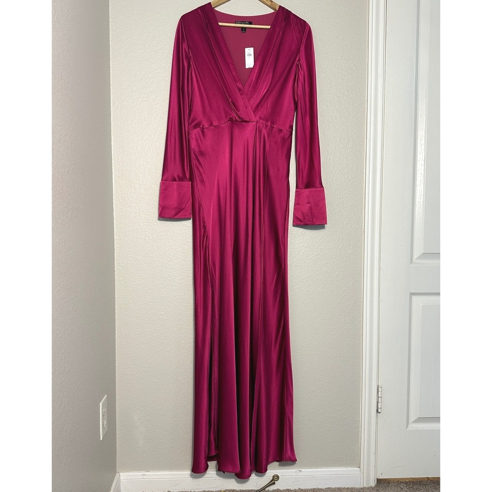 Banana Republic 100% Silk Maxi Dress Berry Pink Long Sleeve Wedding Guest NWT 12 - Picture 3 of 11